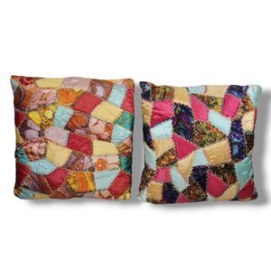 Crazy Quilt Throw Pillow Set of 2 Groovy 1960s Handmade Satin Floral Patchwork